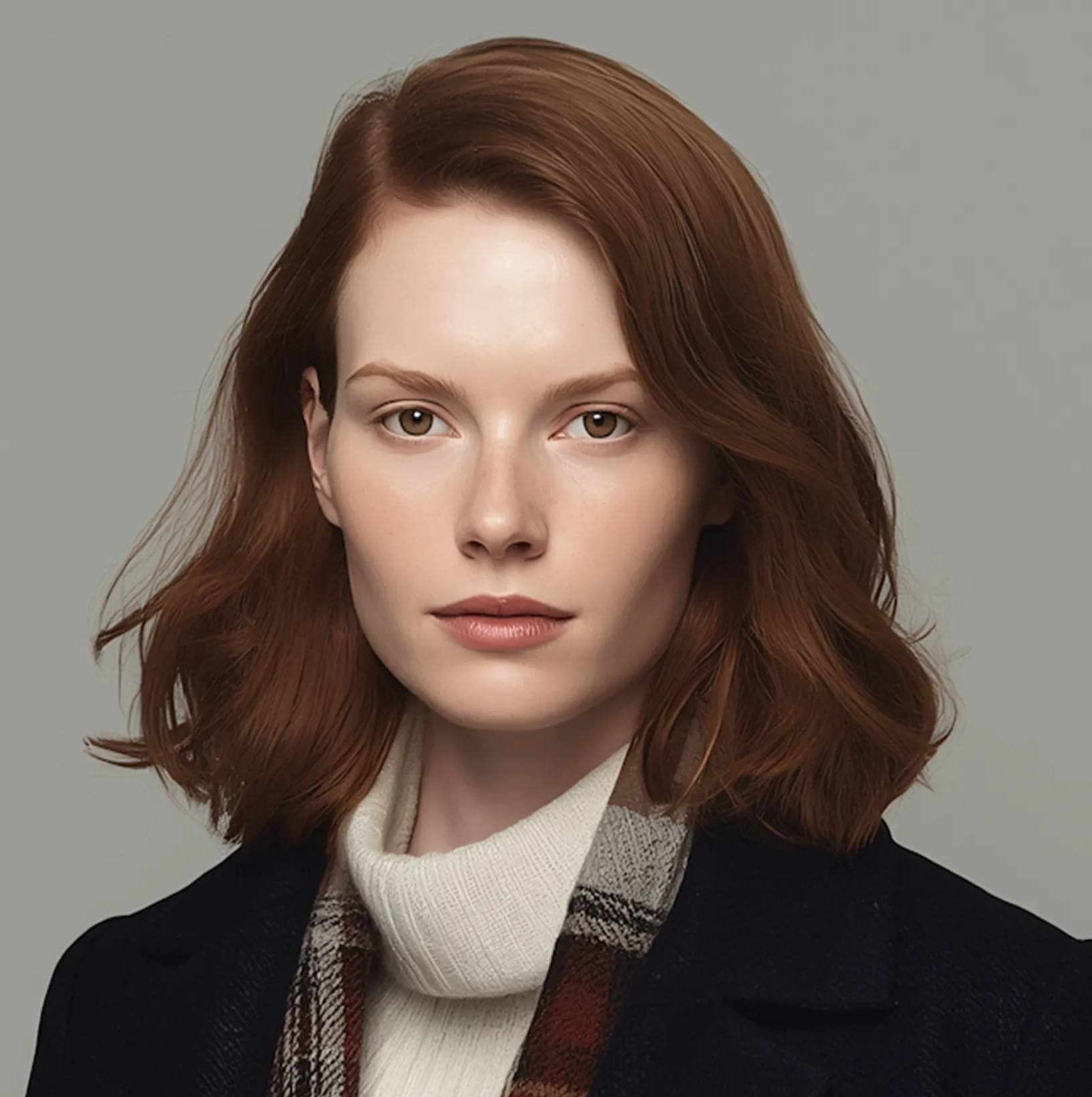 Portrait of a woman with shoulder-length auburn hair, wearing a white turtleneck sweater and a dark coat with a plaid scarf.